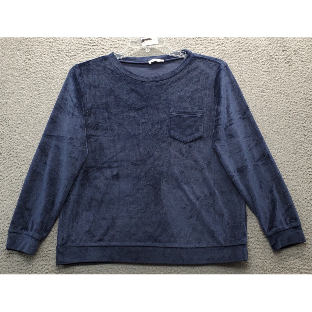 Ekouaer Top Womens Medium Navy Velour Sleepwear Long Raglan Sleeve Chest Pockets